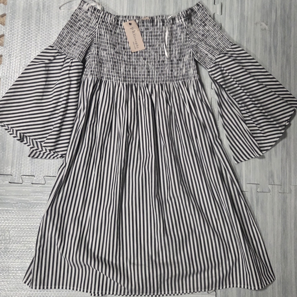 Philosophy Grey &White Striped Off The Shoulder Sun dress